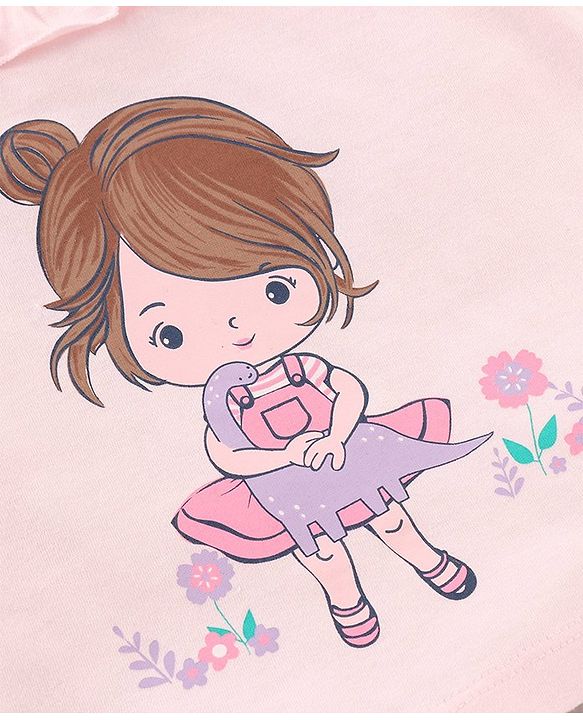 Babyhug Frill Sleeves Cotton Top & Skirt Set With Net Detailing Placement Print- Pink Lilac
