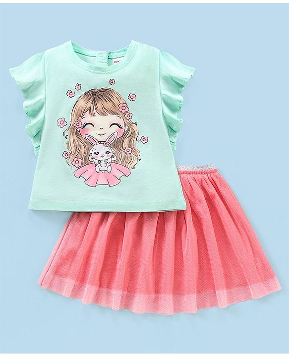 Babyhug Cotton Knit Short Sleeves Printed Top & Fancy Mesh Glitter Skirt - Light Blue & Pink