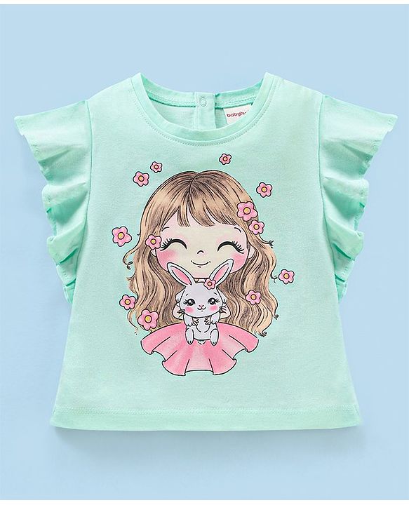 Babyhug Cotton Knit Short Sleeves Printed Top & Fancy Mesh Glitter Skirt - Light Blue & Pink