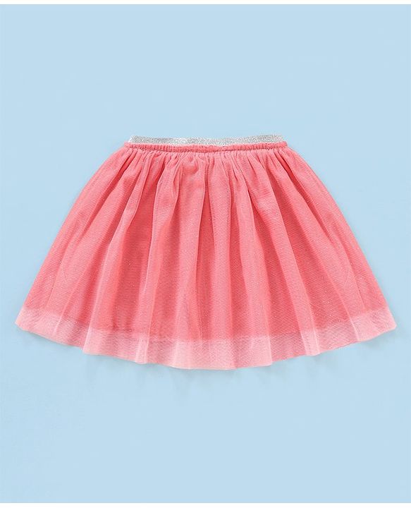 Babyhug Cotton Knit Short Sleeves Printed Top & Fancy Mesh Glitter Skirt - Light Blue & Pink