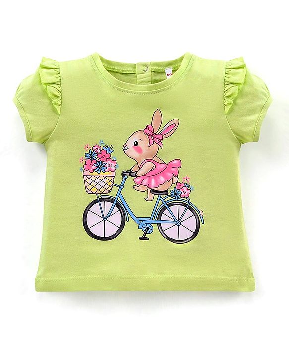 Babyhug Half Sleeves Rabbit Print Top & Knee Length Glitter Skirt - Green Pink