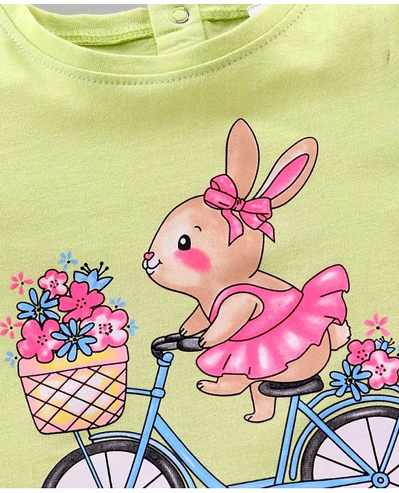 Babyhug Half Sleeves Rabbit Print Top & Knee Length Glitter Skirt - Green Pink