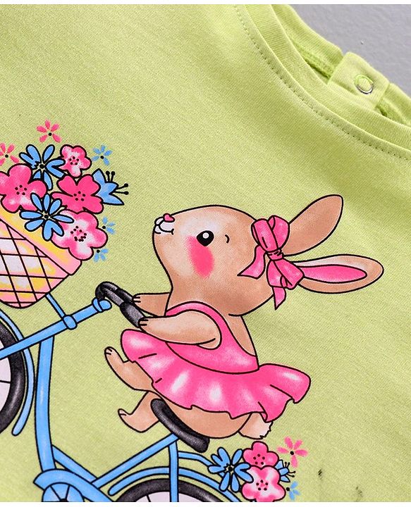 Babyhug Half Sleeves Rabbit Print Top & Knee Length Glitter Skirt - Green Pink