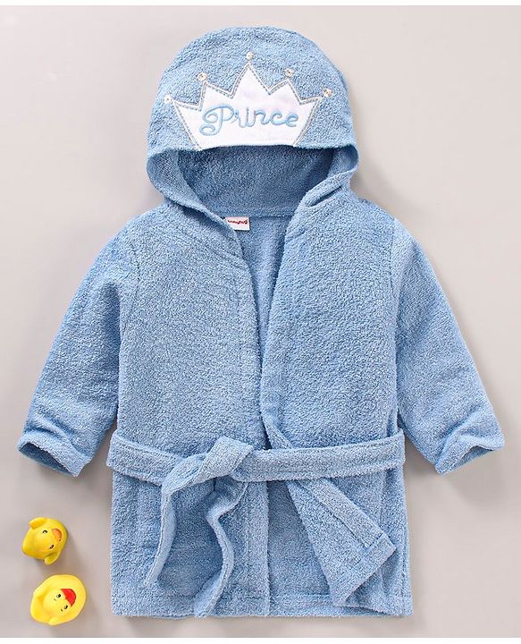 Babyhug Three Fourth Sleeves Woven Terry Hooded Bath Robe Prince Design - Blue