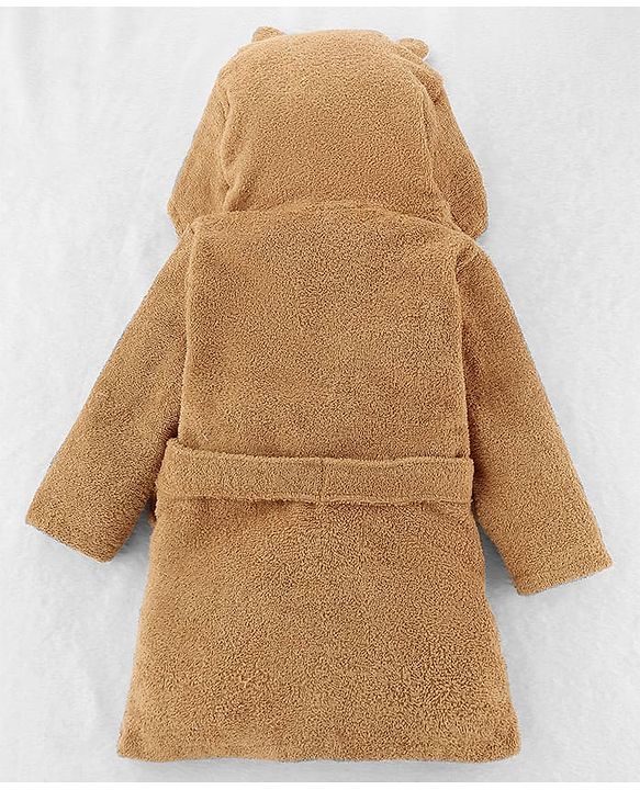Babyhug Woven Terry Full Sleeves Hooded Bath Robe Teddy Design - Brown