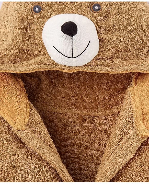 Babyhug Woven Terry Full Sleeves Hooded Bath Robe Teddy Design - Brown