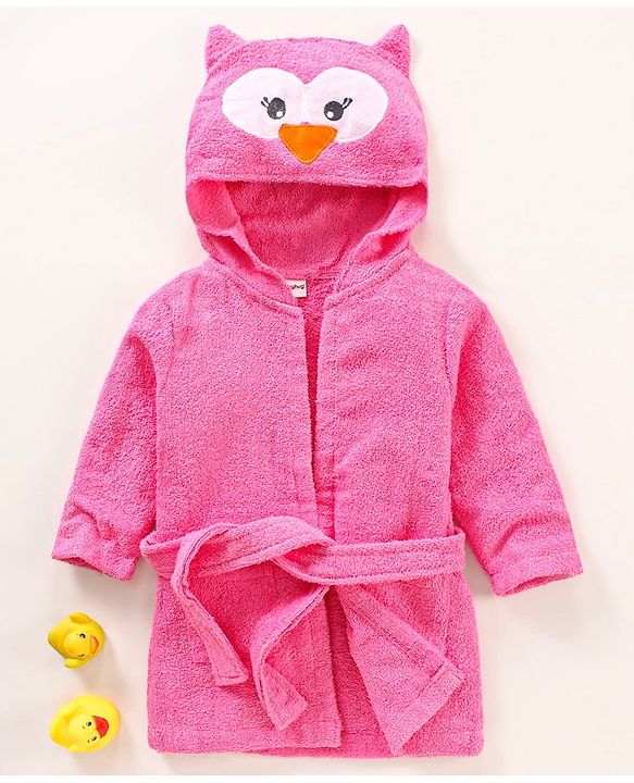 Babyhug Three Fourth Sleeves Woven Terry Hooded Bath Robe Owl Design - Pink
