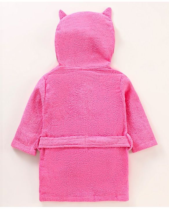 Babyhug Three Fourth Sleeves Woven Terry Hooded Bath Robe Owl Design - Pink