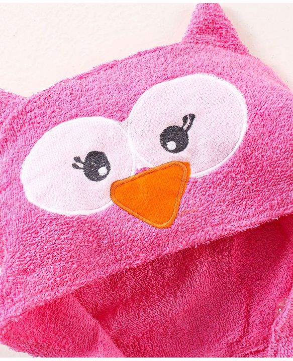 Babyhug Three Fourth Sleeves Woven Terry Hooded Bath Robe Owl Design - Pink