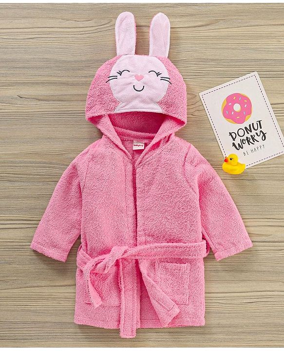 Babyhug Bunny Woven Full Sleeves Terry Bath Robe - Pink
