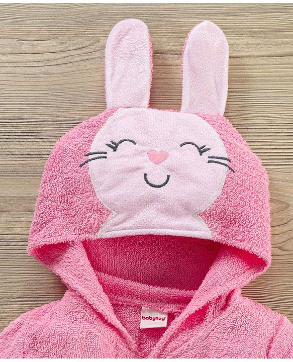 Babyhug Bunny Woven Full Sleeves Terry Bath Robe - Pink