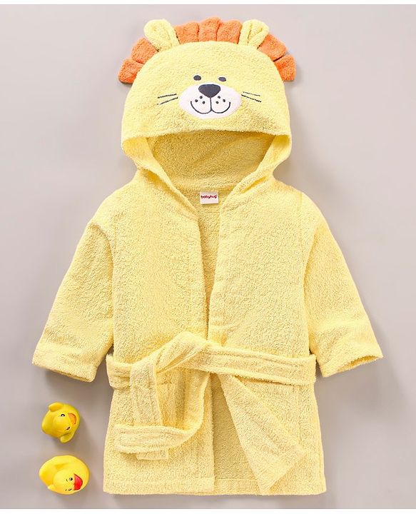 Babyhug Three Fourth Sleeves Woven Terry Hooded Bath Robe Lion Design - Yellow