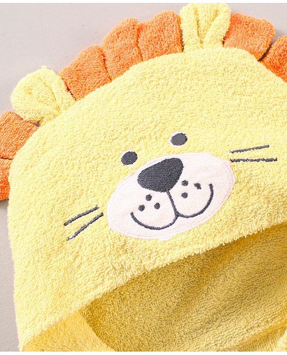 Babyhug Three Fourth Sleeves Woven Terry Hooded Bath Robe Lion Design - Yellow