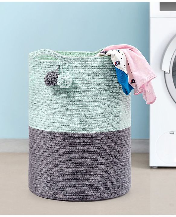 Babyhug Braided Cotton Laundry Bag  - Grey Sea Green