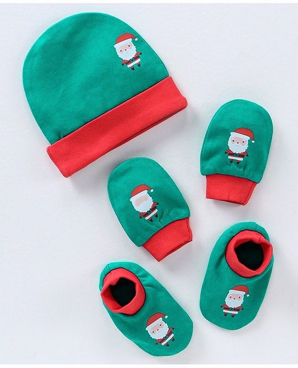 Babyhug 100% Cotton Cap Mittens & Booties Set Santa Print Green - Circumference 30 cm