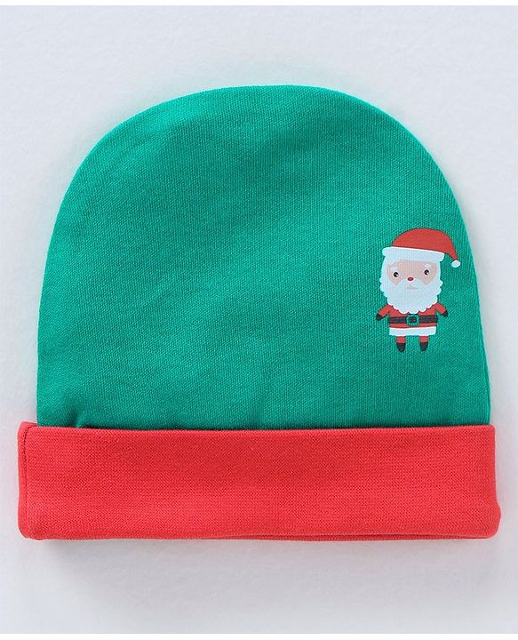 Babyhug 100% Cotton Cap Mittens & Booties Set Santa Print Green - Circumference 30 cm