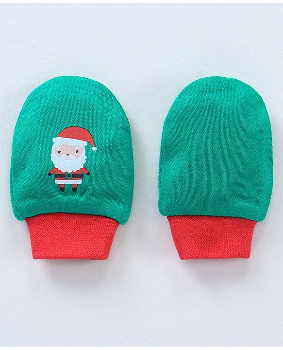 Babyhug 100% Cotton Cap Mittens & Booties Set Santa Print Green - Circumference 30 cm