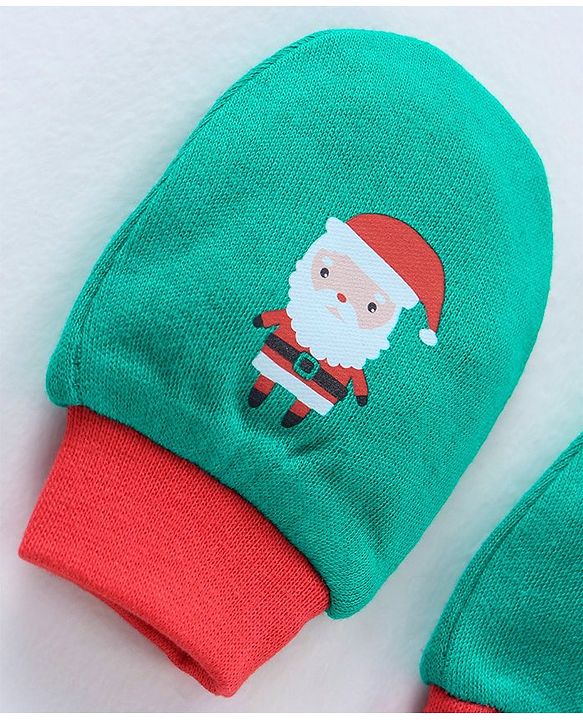 Babyhug 100% Cotton Cap Mittens & Booties Set Santa Print Green - Circumference 30 cm