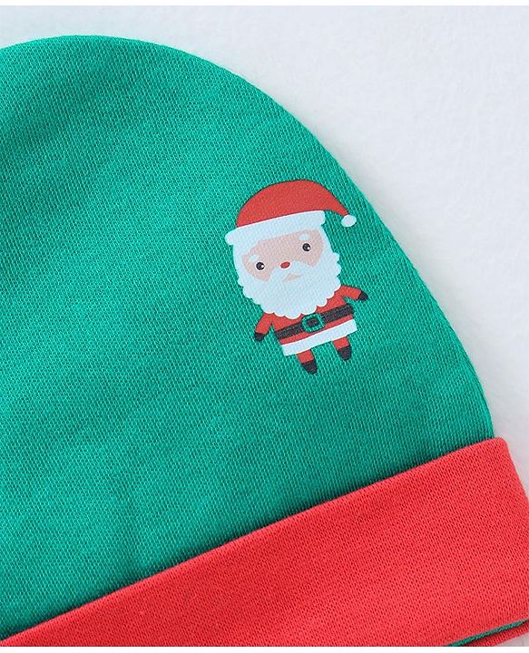 Babyhug 100% Cotton Cap Mittens & Booties Set Santa Print Green - Circumference 30 cm