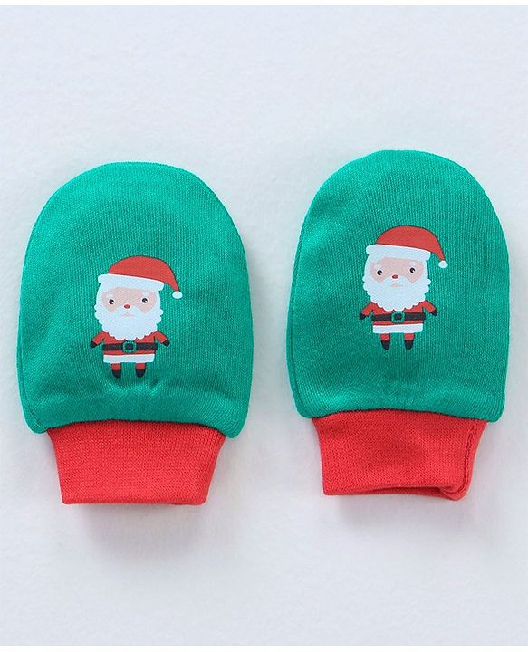 Babyhug 100% Cotton Cap Mittens & Booties Set Santa Print Green - Circumference 30 cm