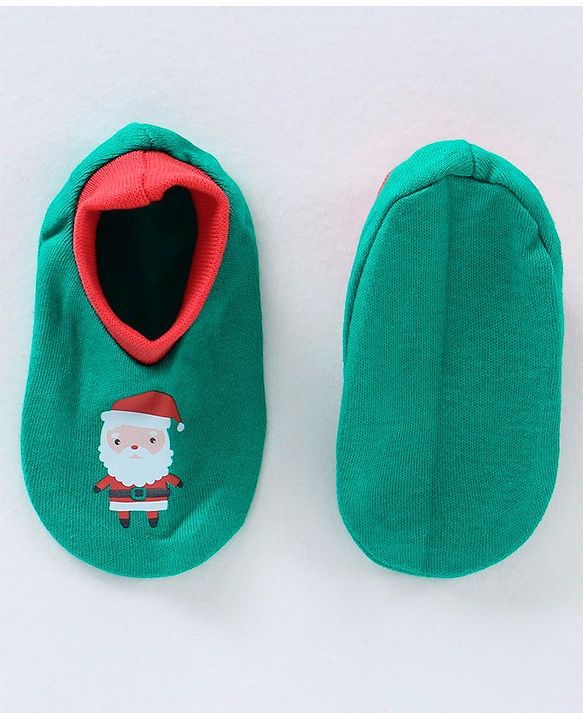 Babyhug 100% Cotton Cap Mittens & Booties Set Santa Print Green - Circumference 30 cm