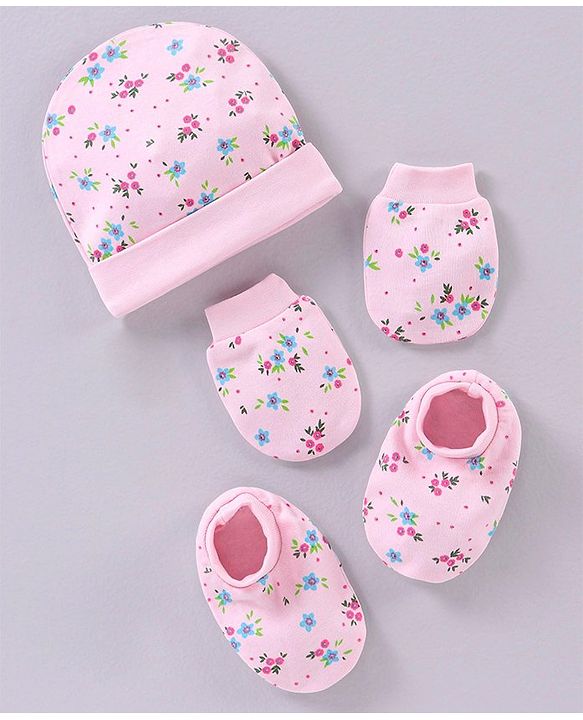 Babyhug 100% Cotton Cap Mittens & Booties Set Floral Print Pink - Circumference 32 cm