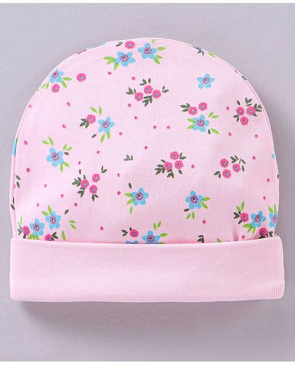 Babyhug 100% Cotton Cap Mittens & Booties Set Floral Print Pink - Circumference 32 cm