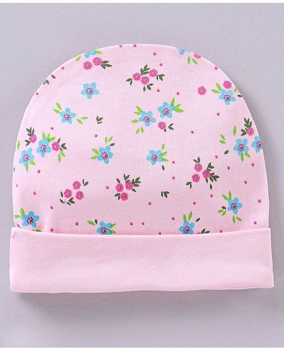Babyhug 100% Cotton Cap Mittens & Booties Set Floral Print Pink - Circumference 32 cm