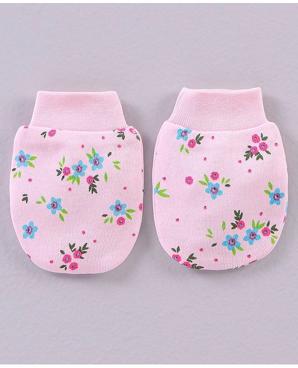 Babyhug 100% Cotton Cap Mittens & Booties Set Floral Print Pink - Circumference 32 cm