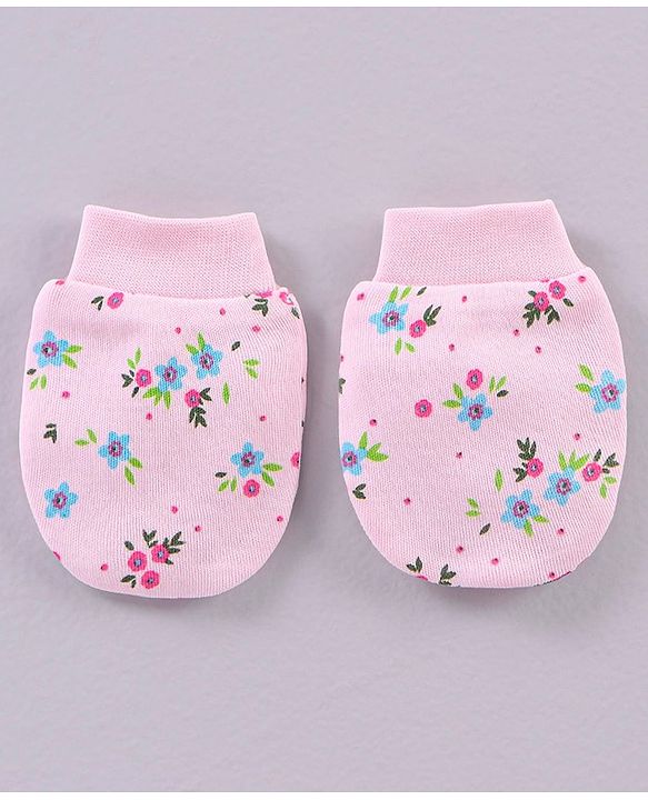 Babyhug 100% Cotton Cap Mittens & Booties Set Floral Print Pink - Circumference 32 cm