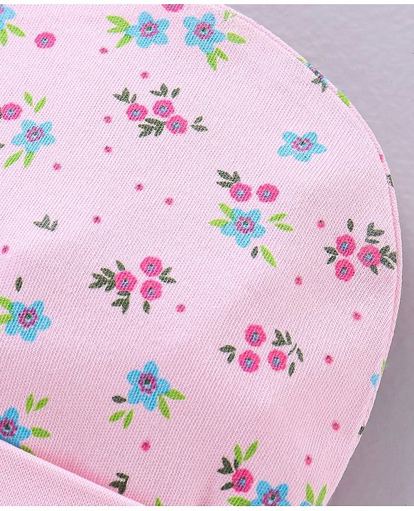 Babyhug 100% Cotton Cap Mittens & Booties Set Floral Print Pink - Circumference 32 cm