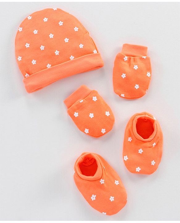 Babyhug 100% Cotton Cap Mittens & Booties Orange - Circumference 30 cm