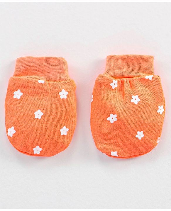 Babyhug 100% Cotton Cap Mittens & Booties Orange - Circumference 30 cm