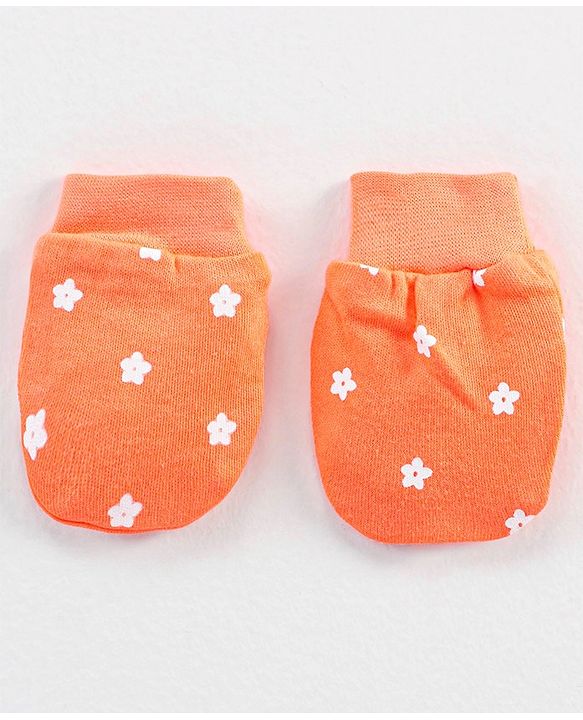 Babyhug 100% Cotton Cap Mittens & Booties Orange - Circumference 30 cm