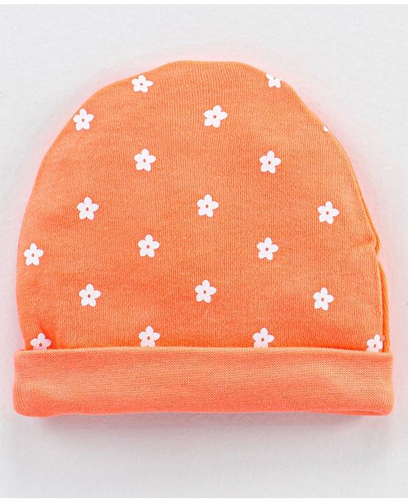 Babyhug 100% Cotton Cap Mittens & Booties Orange - Circumference 30 cm