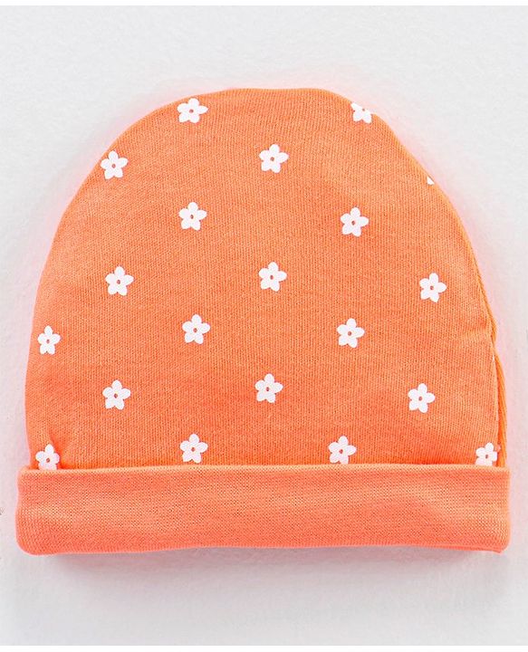 Babyhug 100% Cotton Cap Mittens & Booties Orange - Circumference 30 cm