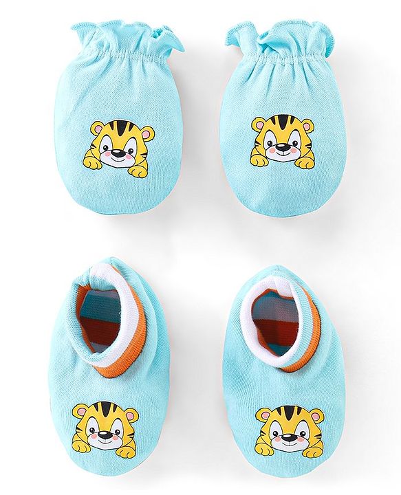 Babyhug 100% Cotton Mittens & Booties Tiger Print - Blue