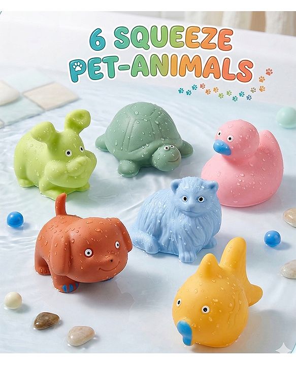 Babyhug Bath Squeeze Pet-Animals Toys -Pack of 6 | Non-Toxic Squeezable Toys | Bath-Time Sensory Play | Builds Fine Motor & Cognitive Skills | Multicolour | BIS Certified