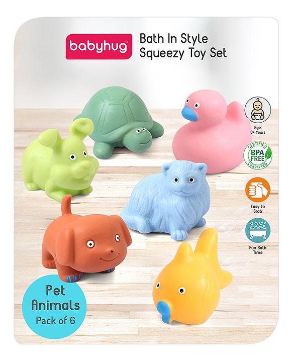 Babyhug Bath Squeeze Pet-Animals Toys -Pack of 6 | Non-Toxic Squeezable Toys | Bath-Time Sensory Play | Builds Fine Motor & Cognitive Skills | Multicolour | BIS Certified
