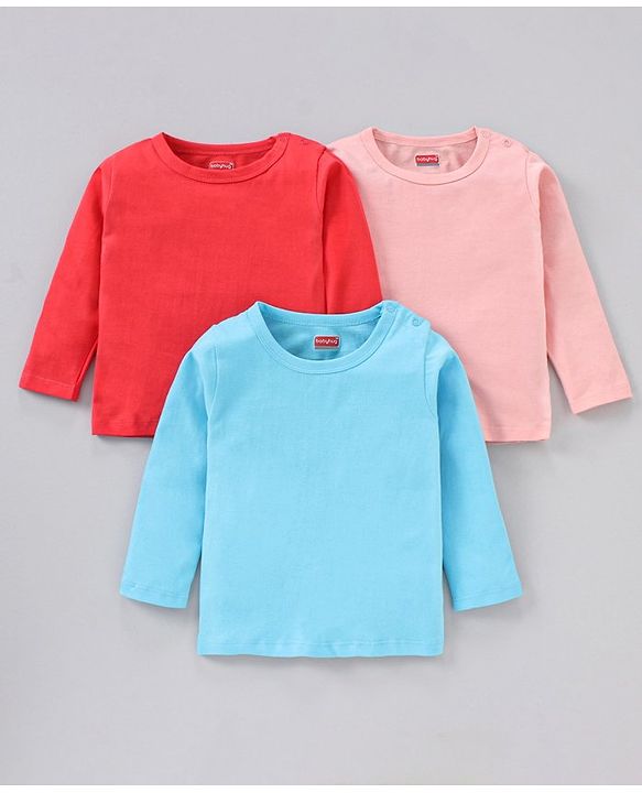 Babyhug Full Sleeves Cotton Blend Knit Tees Solid Pack of 3- Blue Red Peach