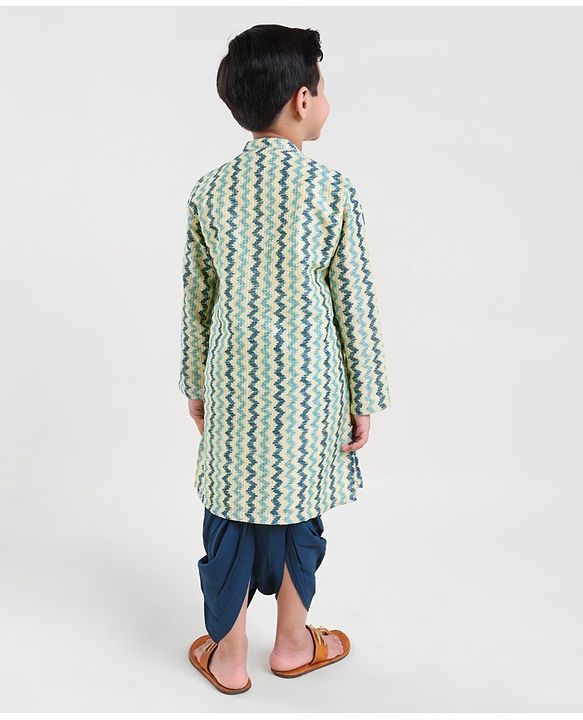 Babyhug 100% Cotton Full Sleeves Kurta and Dhoti Set Zig Zag Print - Beige & Navy