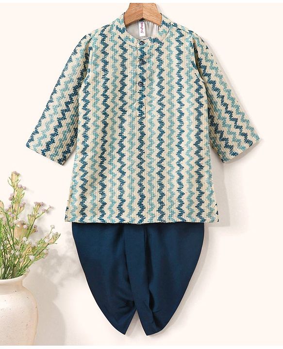 Babyhug 100% Cotton Full Sleeves Kurta and Dhoti Set Zig Zag Print - Beige & Navy