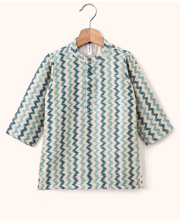 Babyhug 100% Cotton Full Sleeves Kurta and Dhoti Set Zig Zag Print - Beige & Navy