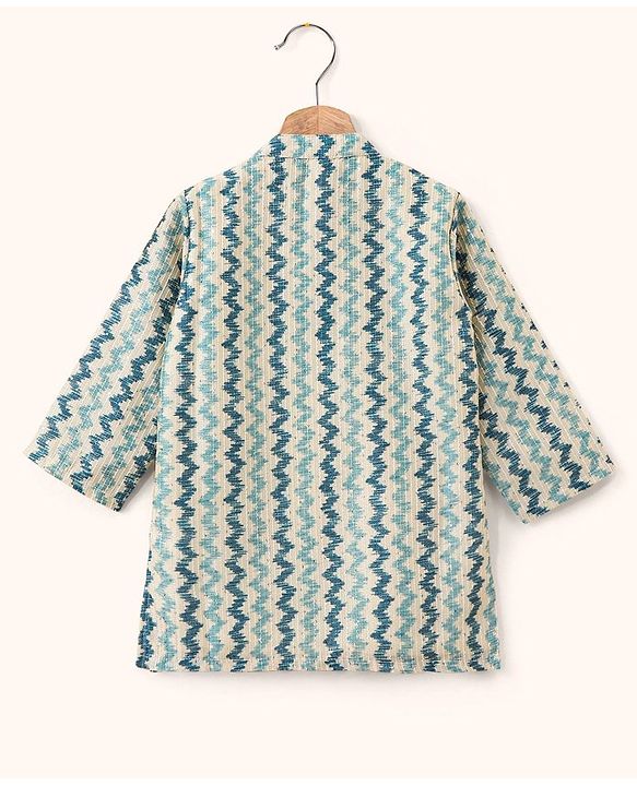 Babyhug 100% Cotton Full Sleeves Kurta and Dhoti Set Zig Zag Print - Beige & Navy
