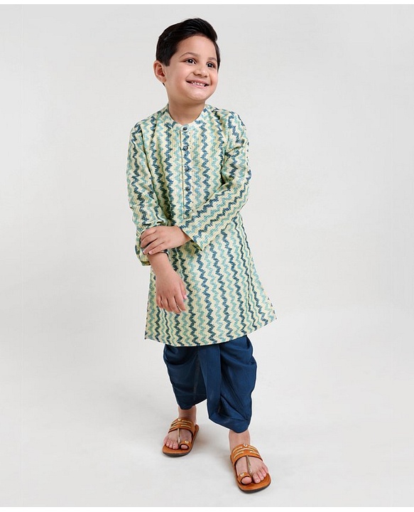 Babyhug 100% Cotton Full Sleeves Kurta and Dhoti Set Zig Zag Print - Beige & Navy