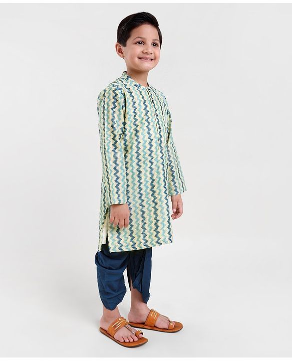 Babyhug 100% Cotton Full Sleeves Kurta and Dhoti Set Zig Zag Print - Beige & Navy