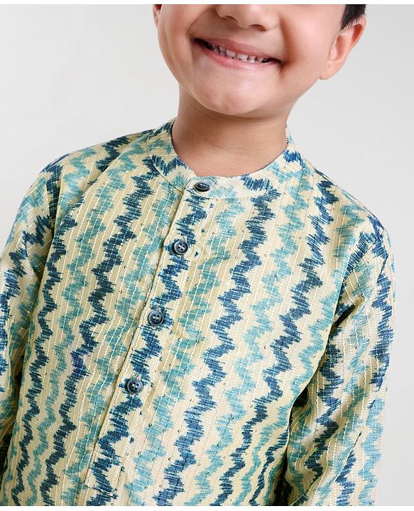 Babyhug 100% Cotton Full Sleeves Kurta and Dhoti Set Zig Zag Print - Beige & Navy