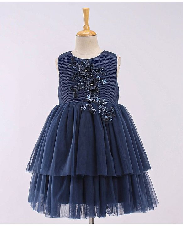 Babyhug Sleeveless Party Wear Frock With 3D Floral Applique - Navy
