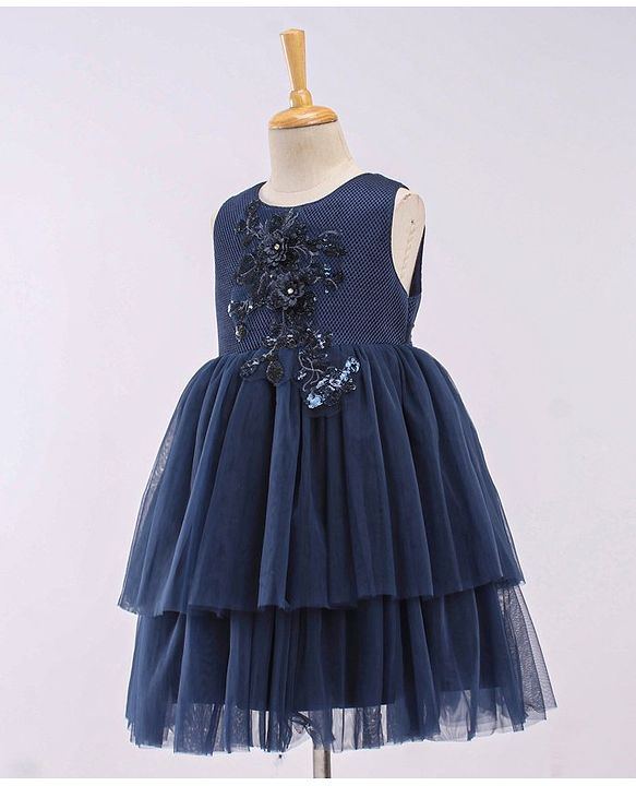 Babyhug Sleeveless Party Wear Frock With 3D Floral Applique - Navy