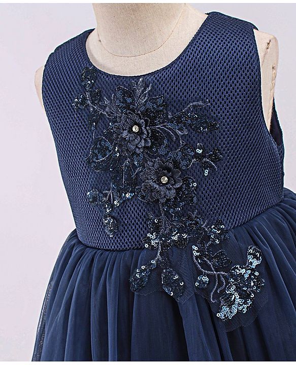Babyhug Sleeveless Party Wear Frock With 3D Floral Applique - Navy